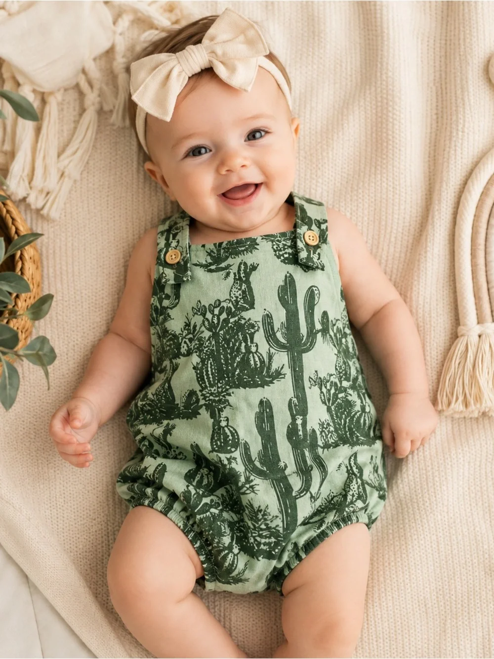Kate Quinn Baby 0-3M Green Cactus Print Sleeveless Bubble Romper Bodysuit #1316